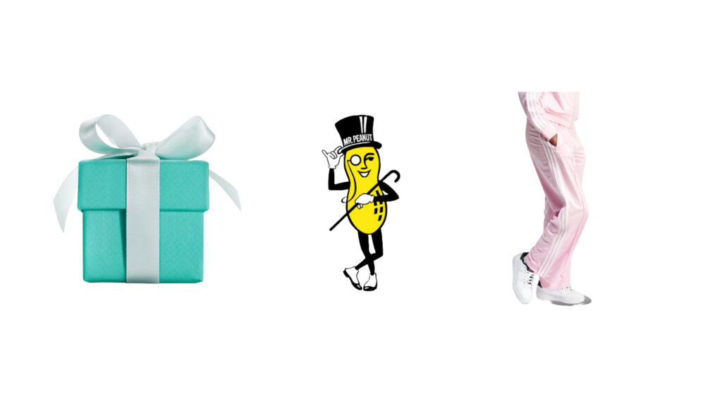 Tiffany's jewelry packaging, Planter's Peanuts mascot, and the signature Adidas stripes on clothing - none of which show a company's actual logo.